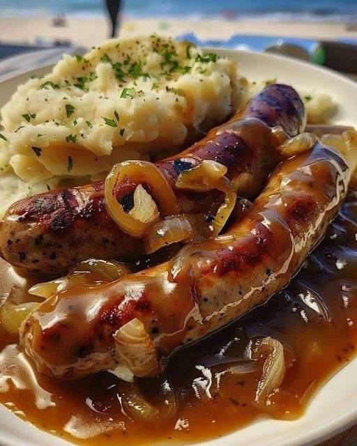sausage and mash  with onion gravy