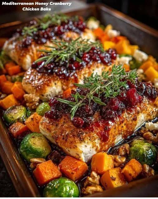 Honey Cranberry Chicken Bake with Caramelized Brussels Sprouts, Sweet Potato & Butternut Squash, Carrot Feta, Walnuts, and Cranberry-Honey Glaze