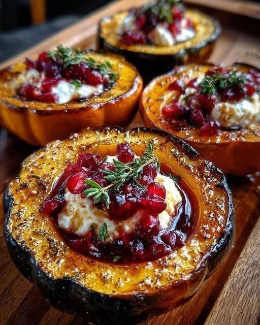 Honey-Glazed Acorn Squash with Creamy Goat Cheese and Cranberry Drizzle