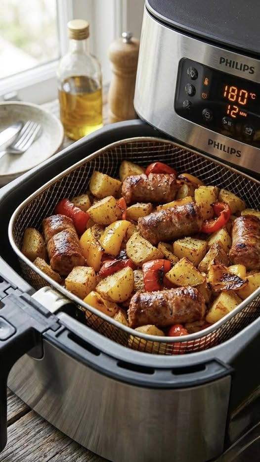 Air Fryer Sausages with Potatoes and Peppers
