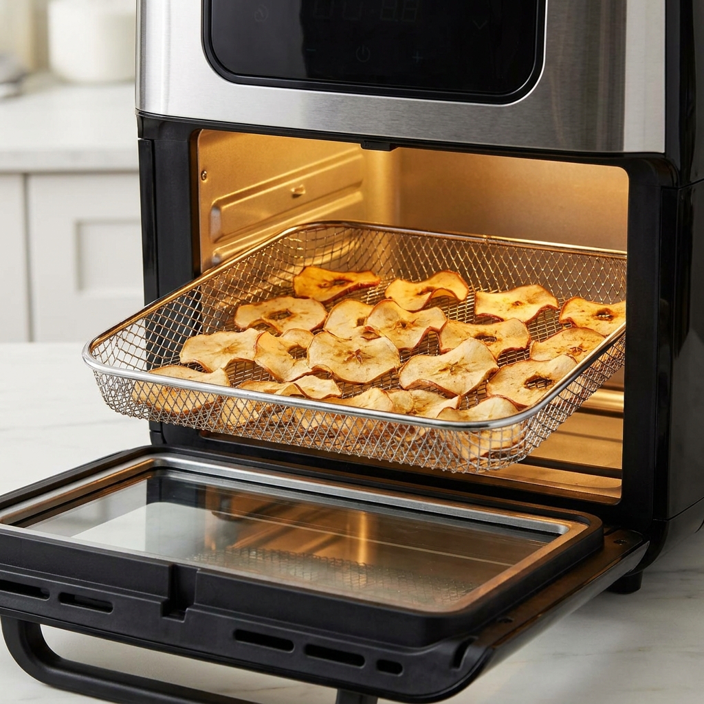 Crispy apple chips in air fryer seasoned with cinnamon