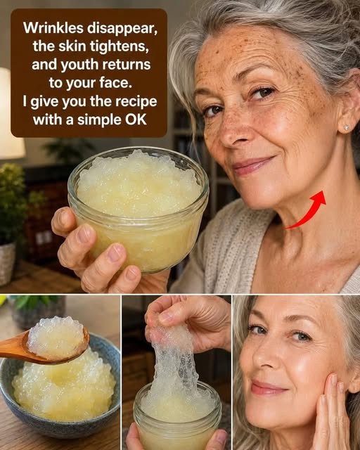 A close-up view of a hand holding a glass bowl filled with clear, thick flaxseed DIY anti aging face mask gel for skin tightening.
