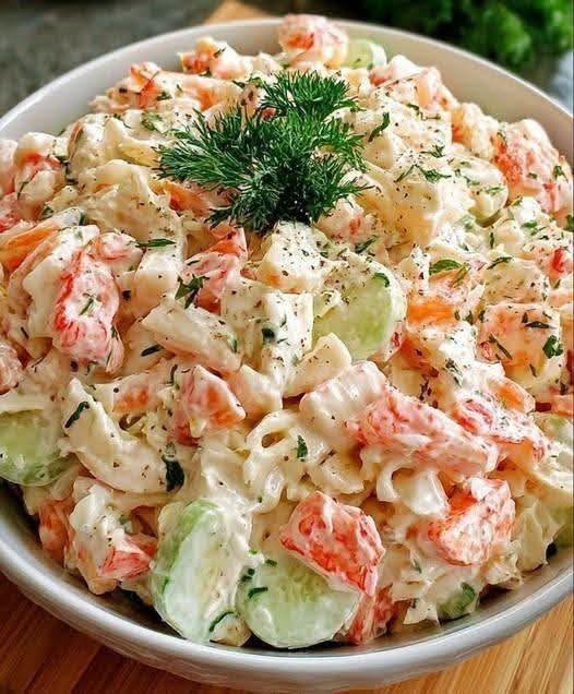 A top-down view of a glass bowl filled with creamy seafood salad featuring chopped shrimp, crab, celery, and fresh dill.