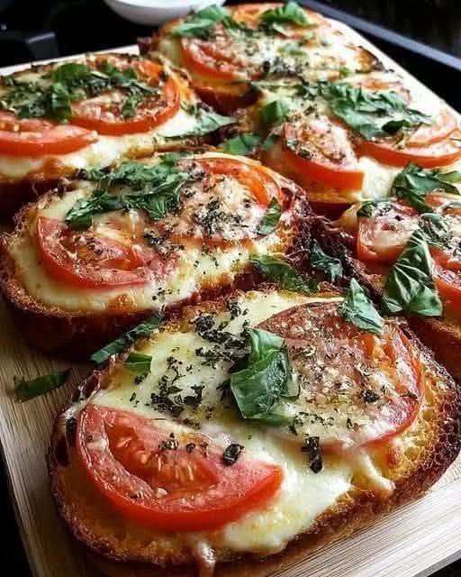 A close-up photo of crispy Tomato Basil Garlic Bread topped with melted mozzarella cheese, diced red tomatoes, and fresh chopped basil.
