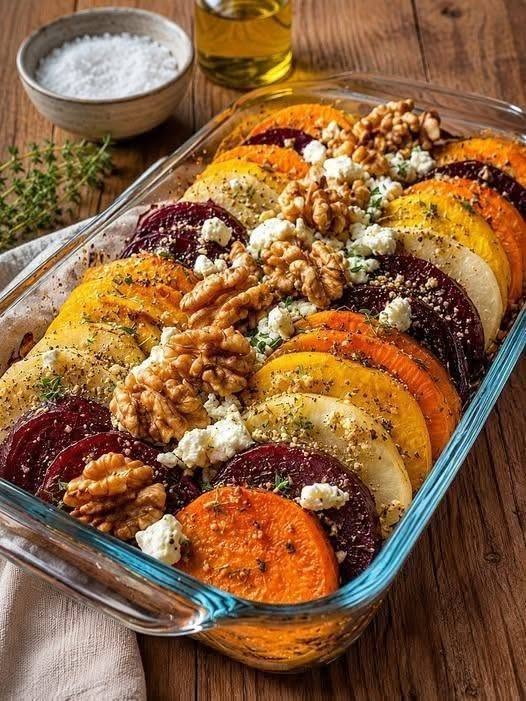 A top-down view of an easy roasted root vegetable bake recipe with feta cheese, sweet potatoes, carrots, and toasted walnuts in a baking dish