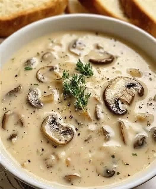 A hot bowl of Creamy Mushroom Soup garnished with fresh thyme and sautéed mushrooms