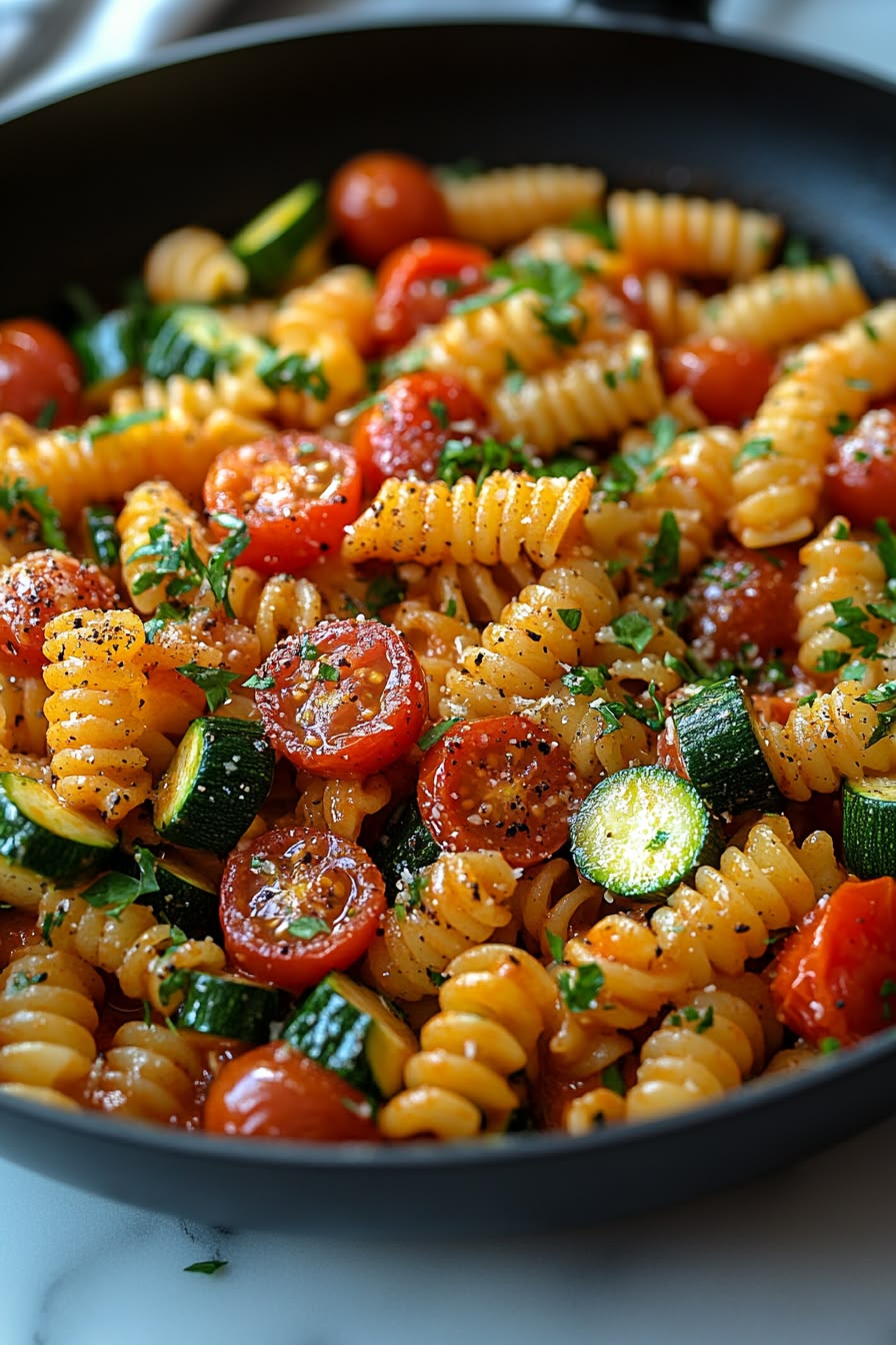 8 Secrets to Make the Best Tomato Zucchini Pasta 1 A warm bowl of Tomato Zucchini Pasta garnished with fresh basil leaves and grated parmesan cheese