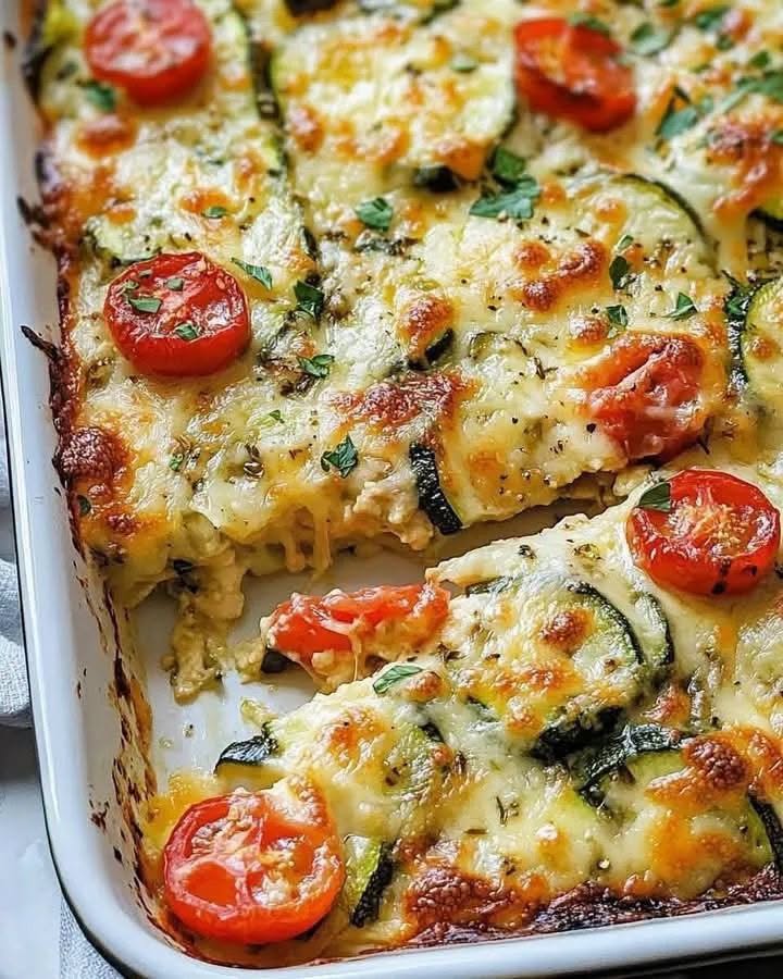 8 Secrets to Make the Ultimate Cheesy Baked Zucchini Casserole 1 A slice of Cheesy Baked Zucchini Casserole served on a white ceramic plate with a fork
