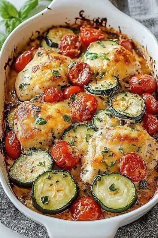 8 Secrets to Bake the Ultimate Baked Chicken Zucchini Tomato Melt 1 A baking dish containing a hot Baked Chicken Zucchini Tomato Melt topped with melted mozzarella cheese