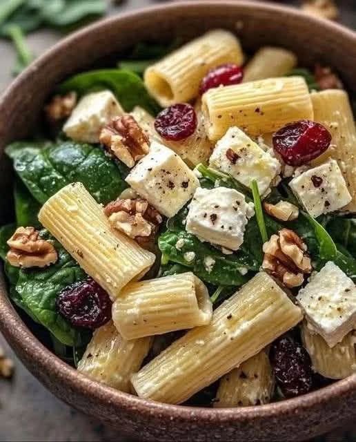 Best 15-Minute Spinach Feta Pasta Salad Recipe 1 A bowl of fresh Spinach Feta Pasta Salad topped with cherry tomatoes and olives