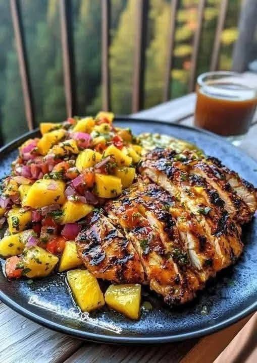 Juicy Lemon Ginger Chicken breast served with fresh Pineapple Mango Salsa