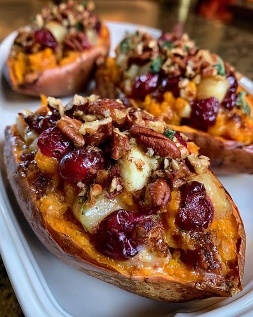 Roasted sweet potatoes stuffed with diced apples, dried cranberries, chopped pecans, and cinnamon