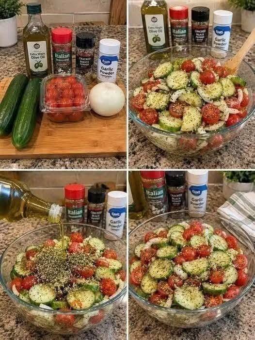 Italian Cucumber Salad with sliced cucumbers, cherry tomatoes, red onion, fresh basil, parsley, and homemade dressing