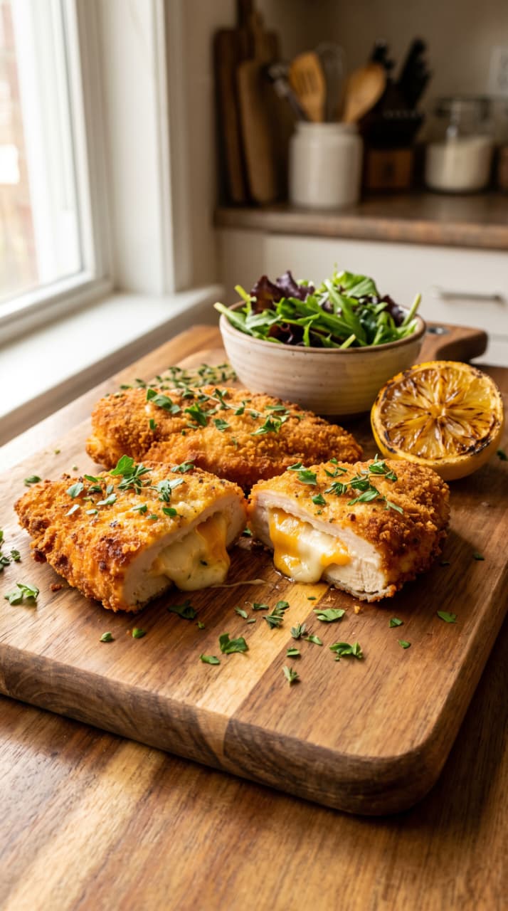 Crispy Air Fryer Cheesy Stuffed Chicken Cutlets 1 Golden air fryer cheesy stuffed chicken cutlets sliced open to show melted mozzarella and cream cheese